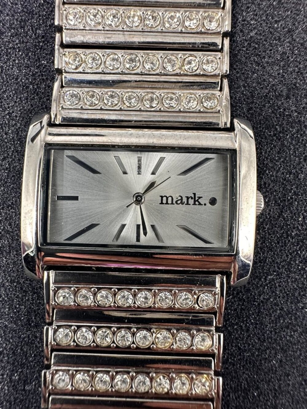 Mark by Avon Watch Womens Silver Tone Square Dial Rhinestones New Battery 7.5"